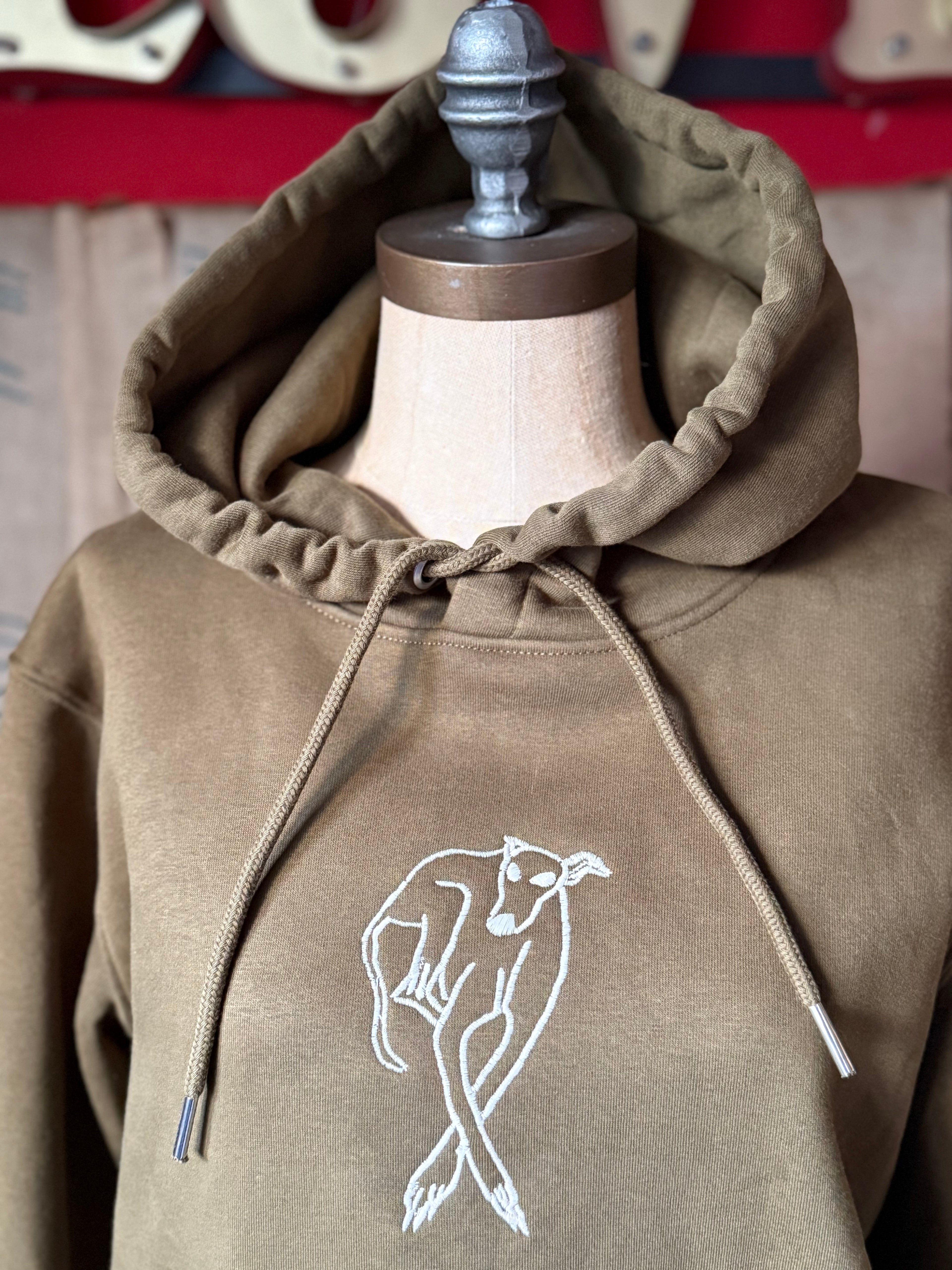 'Crossed Paws' White Embroidery on Khaki S Organic Hoodie