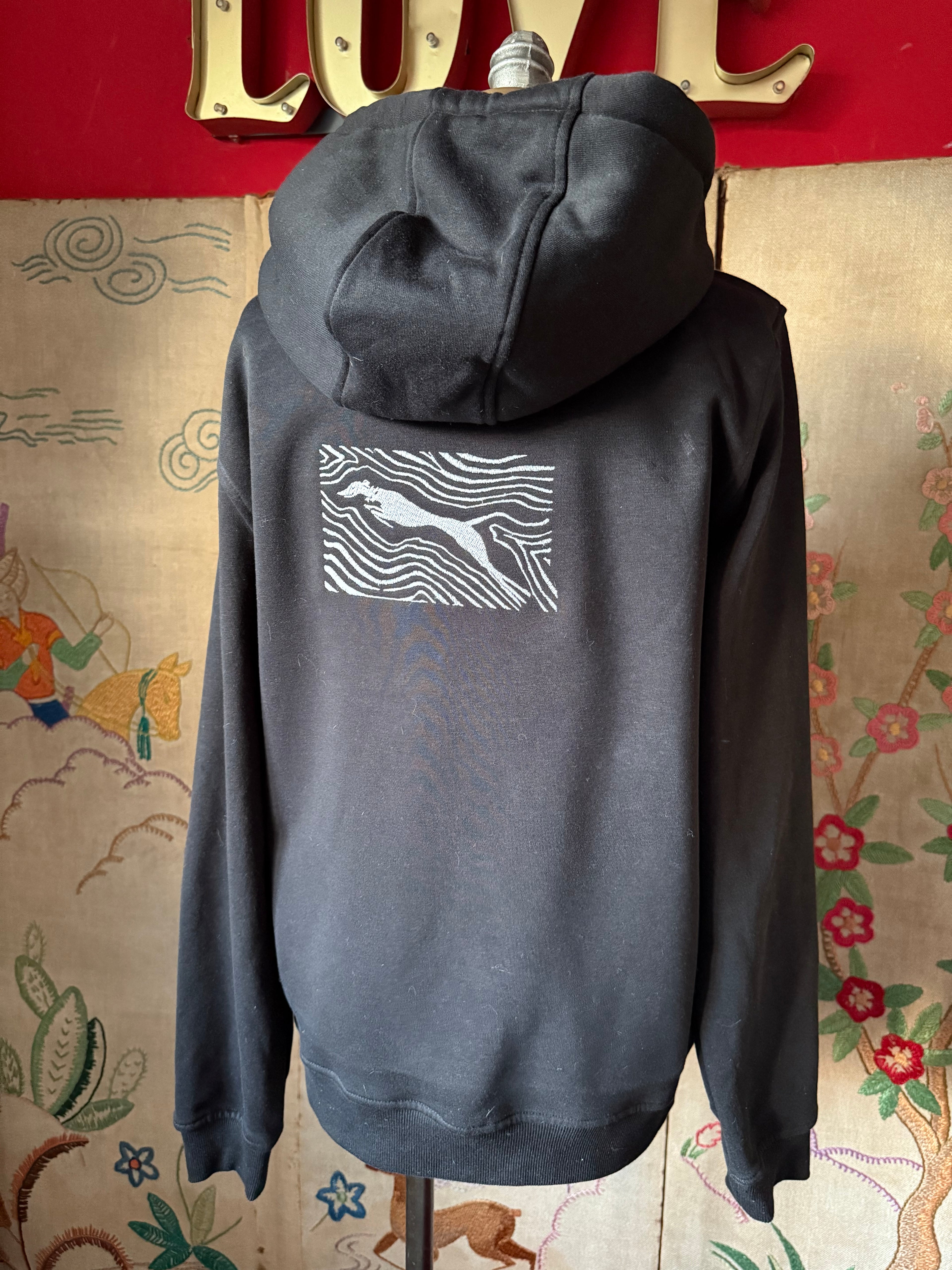 Leaping Hound Embroidered Black Hoodie S (Fits up to including a 12)