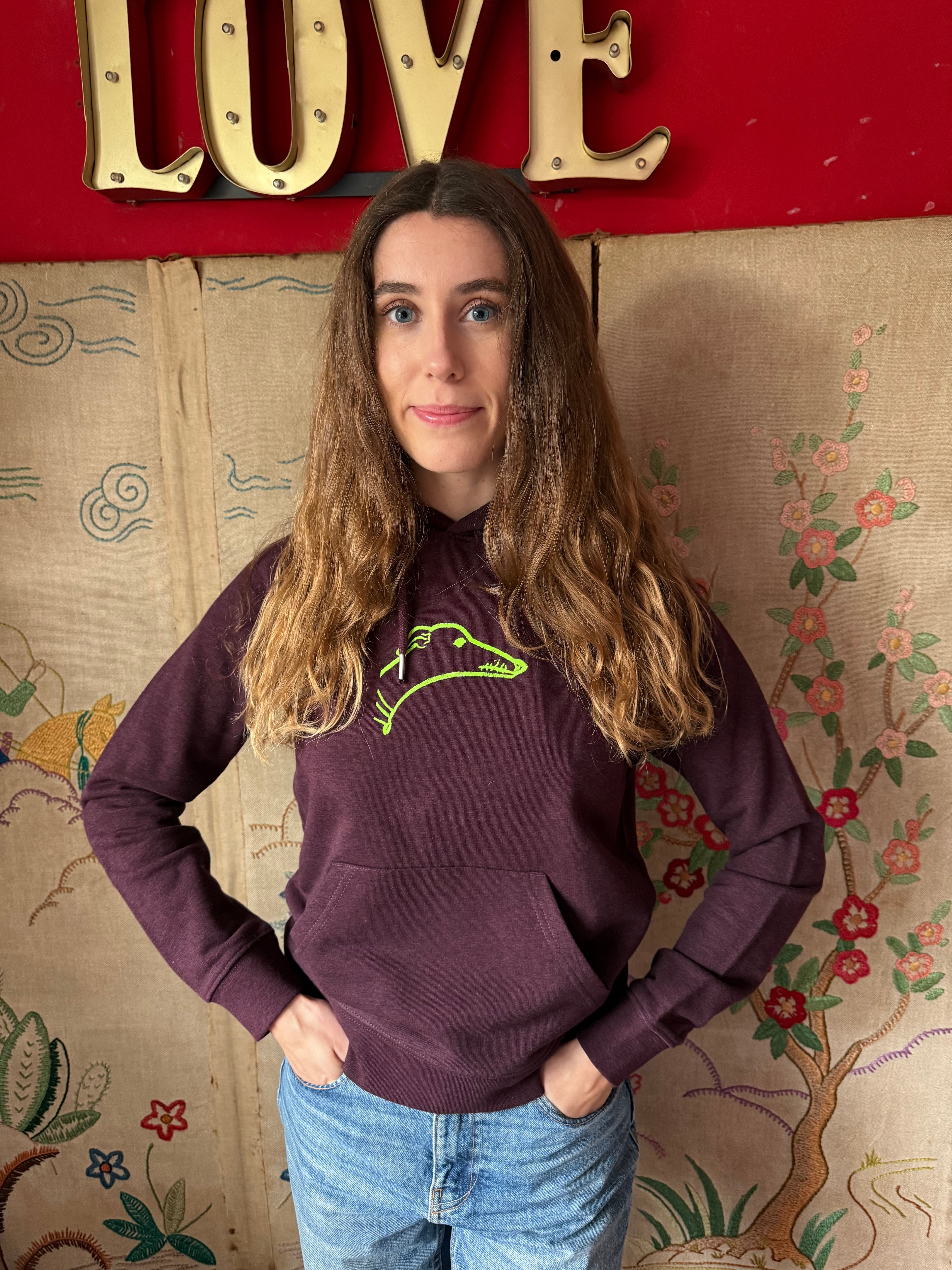 Side Hound Sighthound in Neon on Burgundy Organic Hoodie S