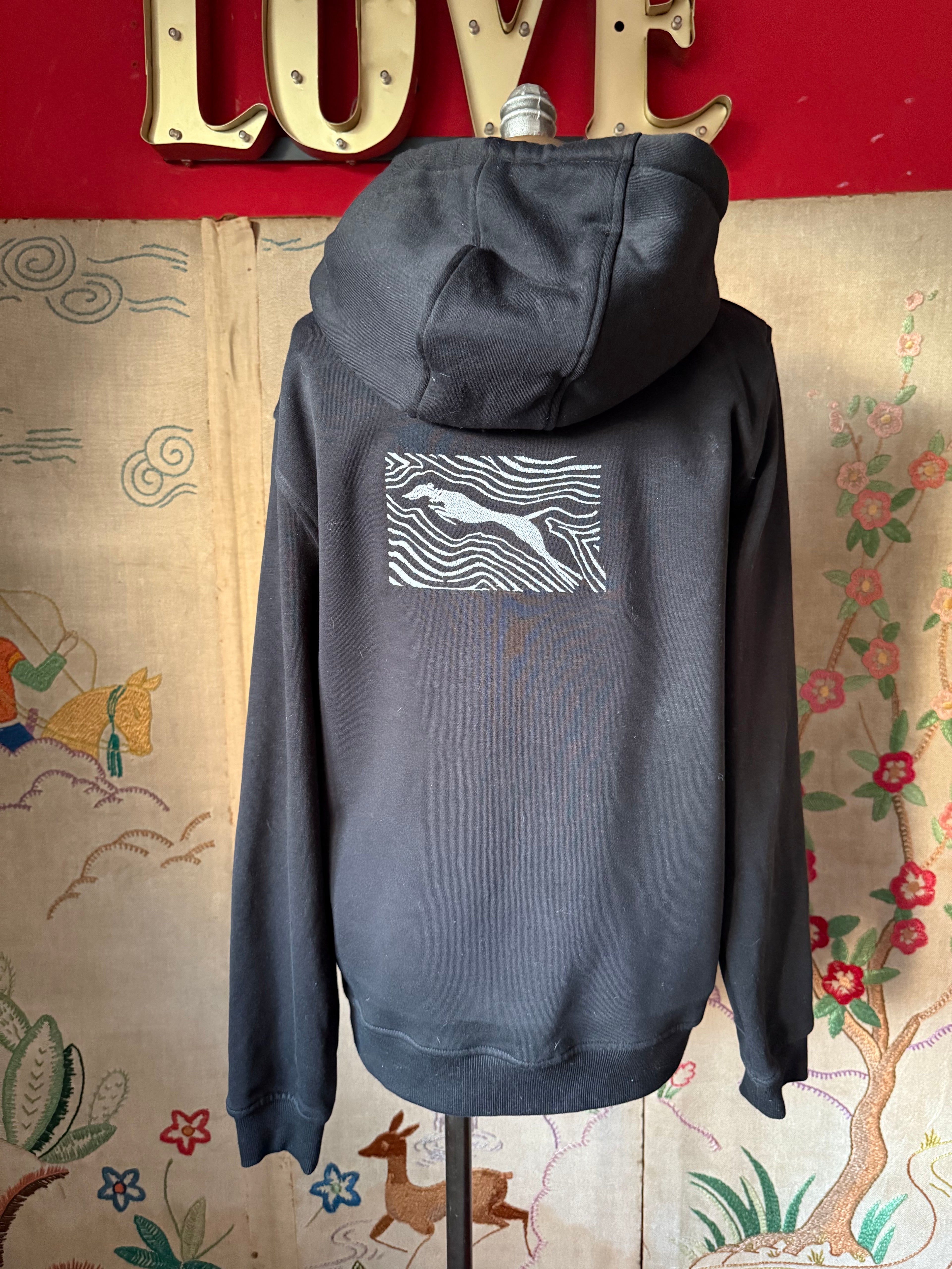Leaping Hound Embroidered Black Hoodie S (Fits up to including a 12)