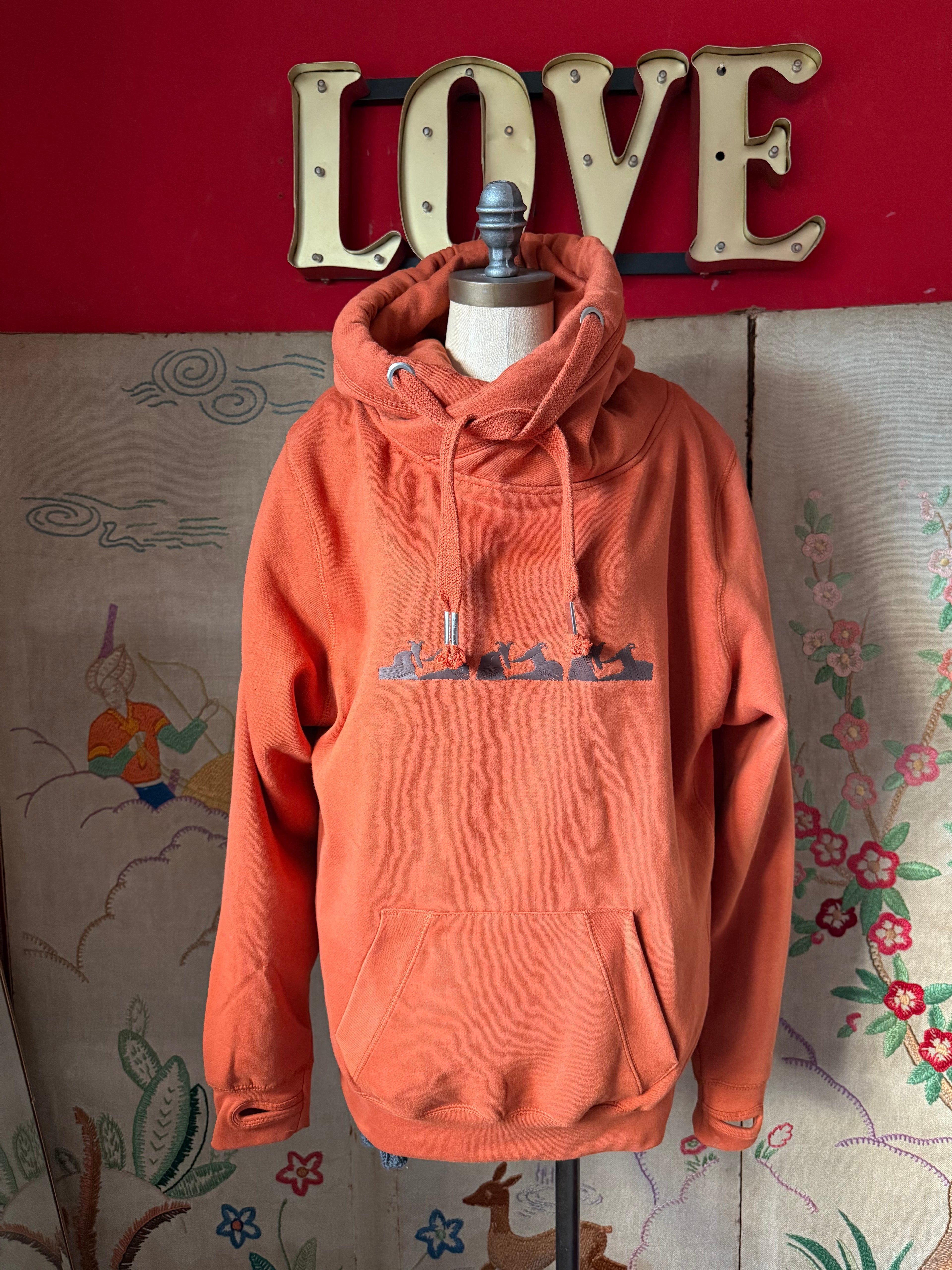 Hound Line Navy Embroidery on Organic Spiced Orange Hoodie L