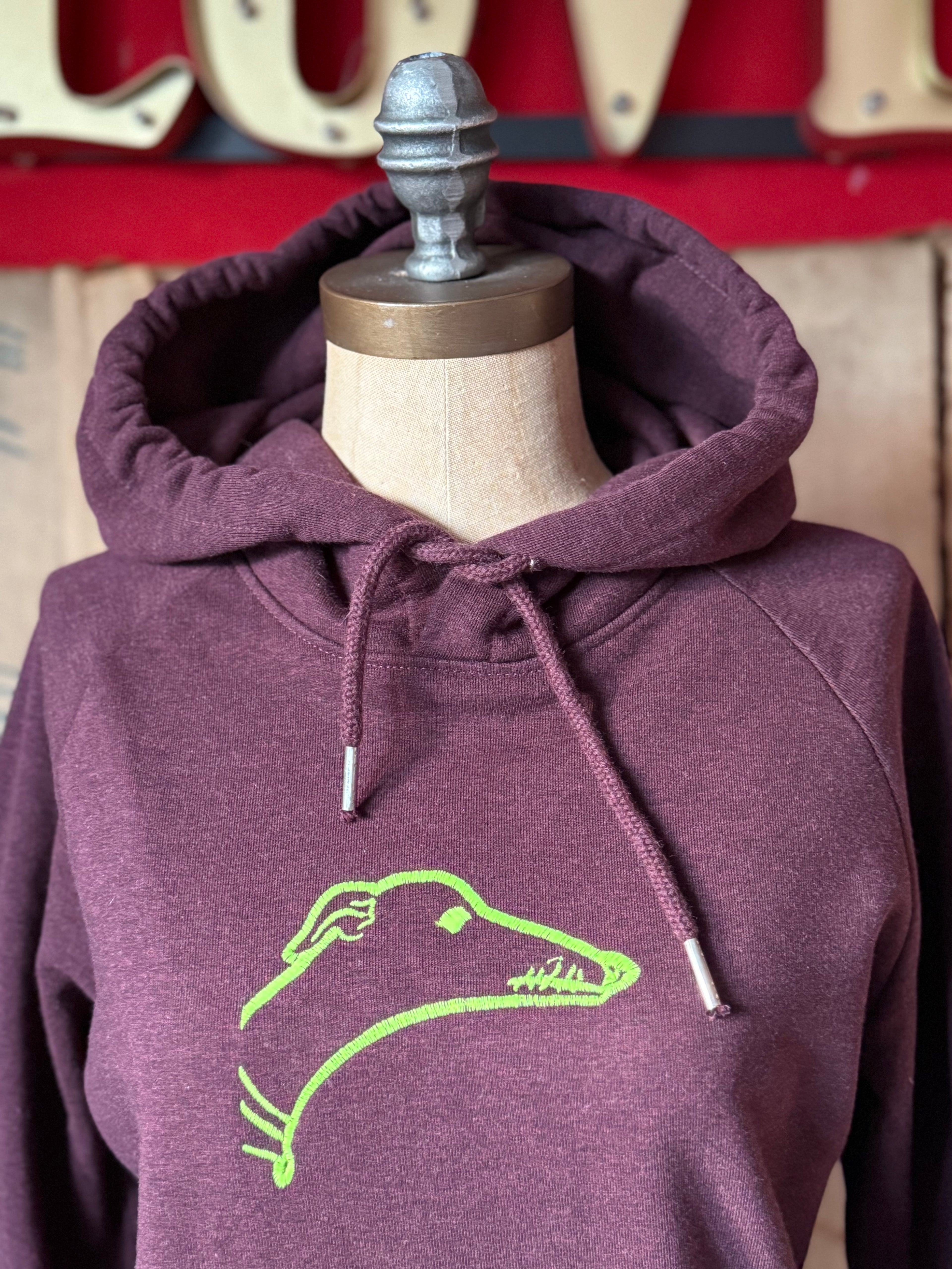 Side Hound Sighthound in Neon on Burgundy Organic Hoodie S