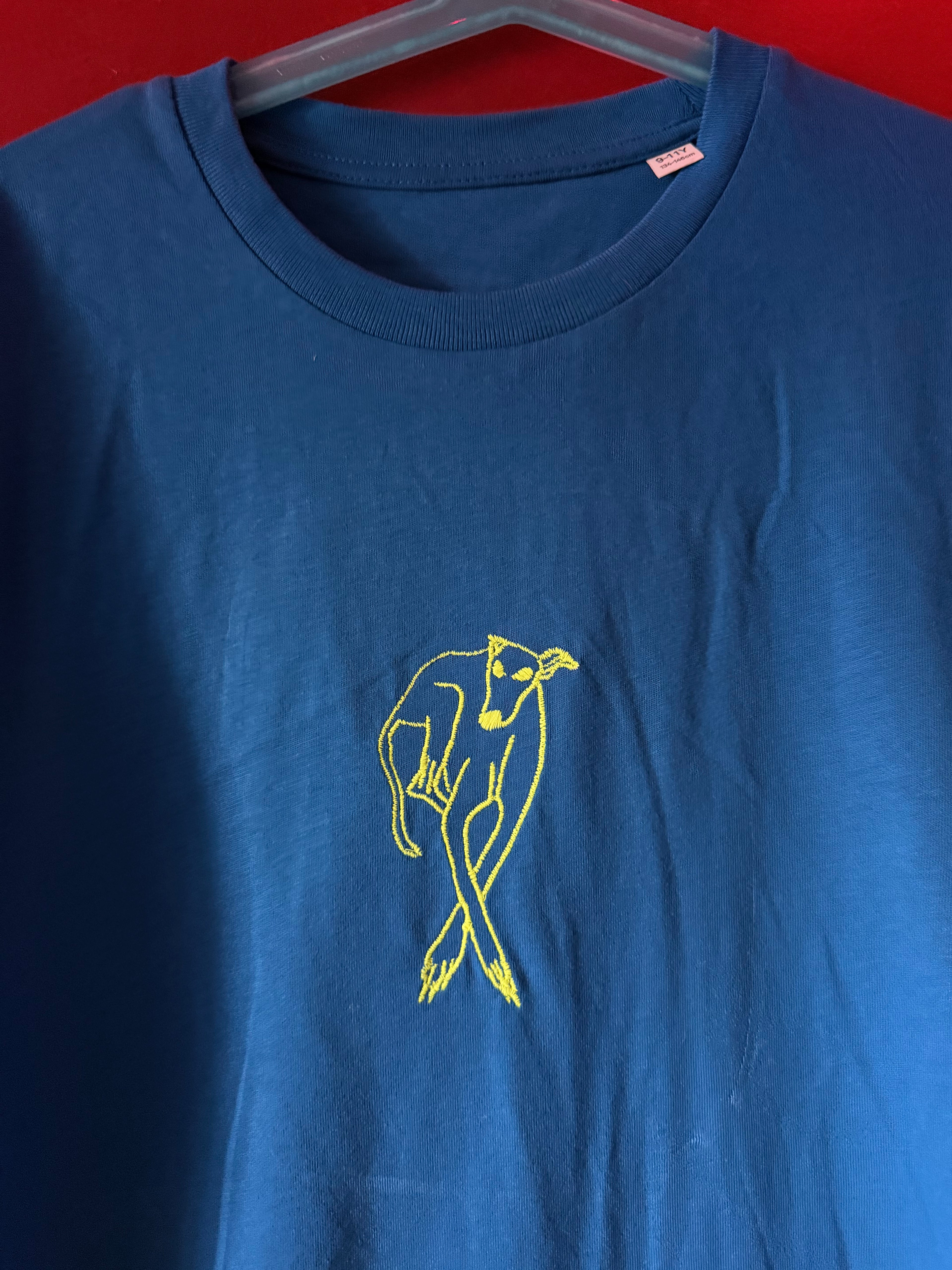 Neon Yellow on Electric Blue A9-11Yrs on Organic T Shirt
