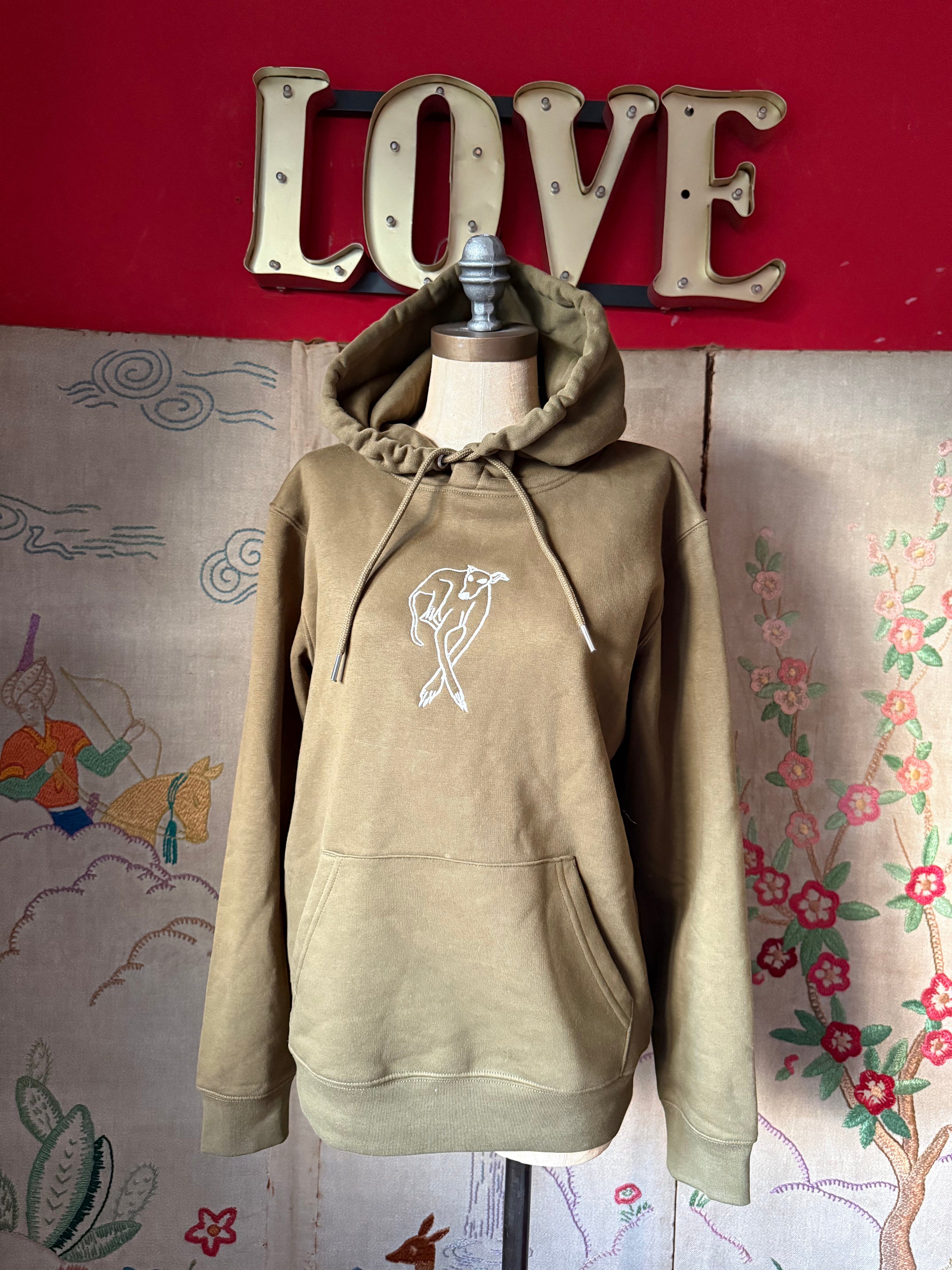 'Crossed Paws' White Embroidery on Khaki S Organic Hoodie