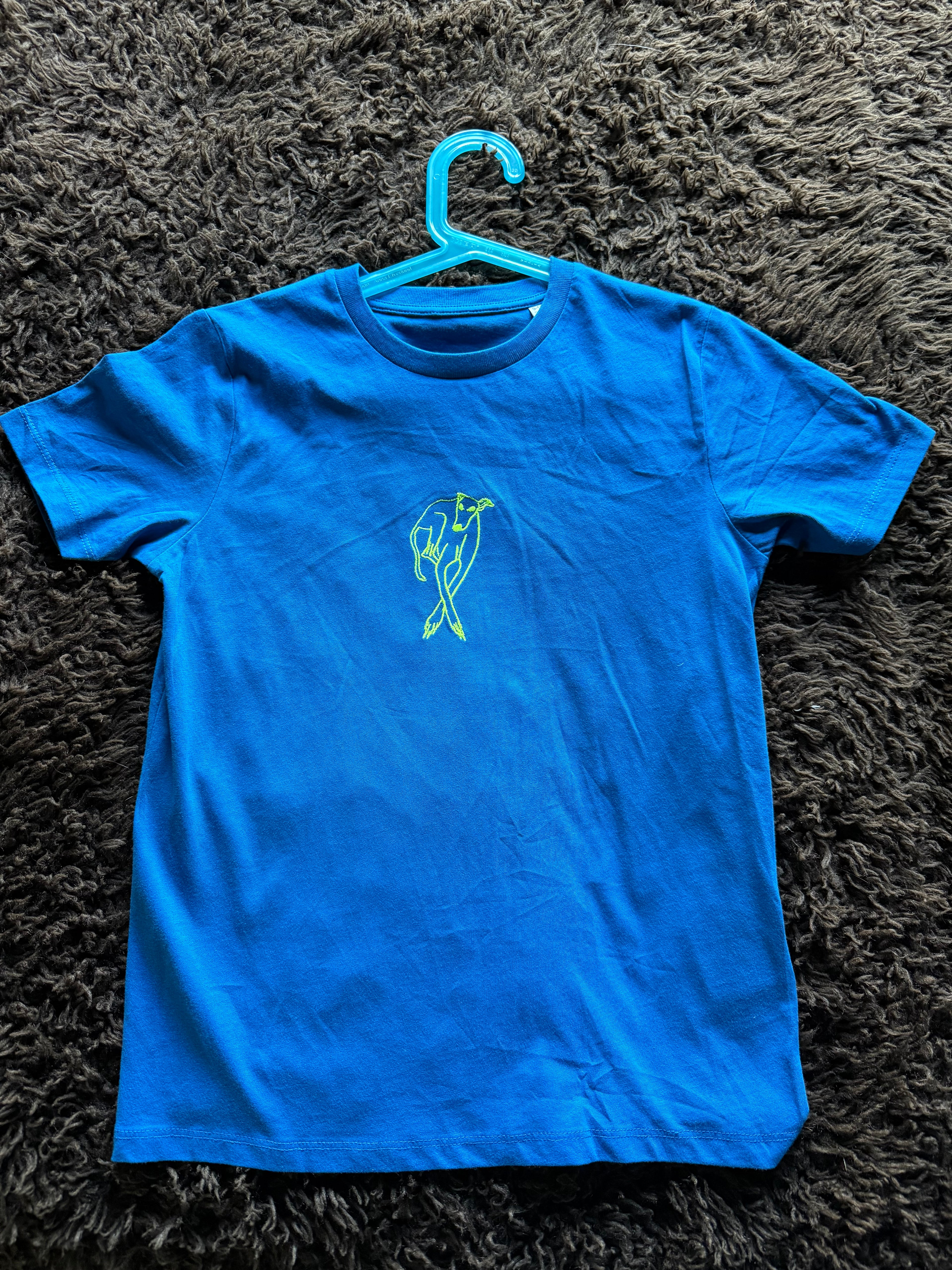 Neon Yellow on Electric Blue A9-11Yrs on Organic T Shirt