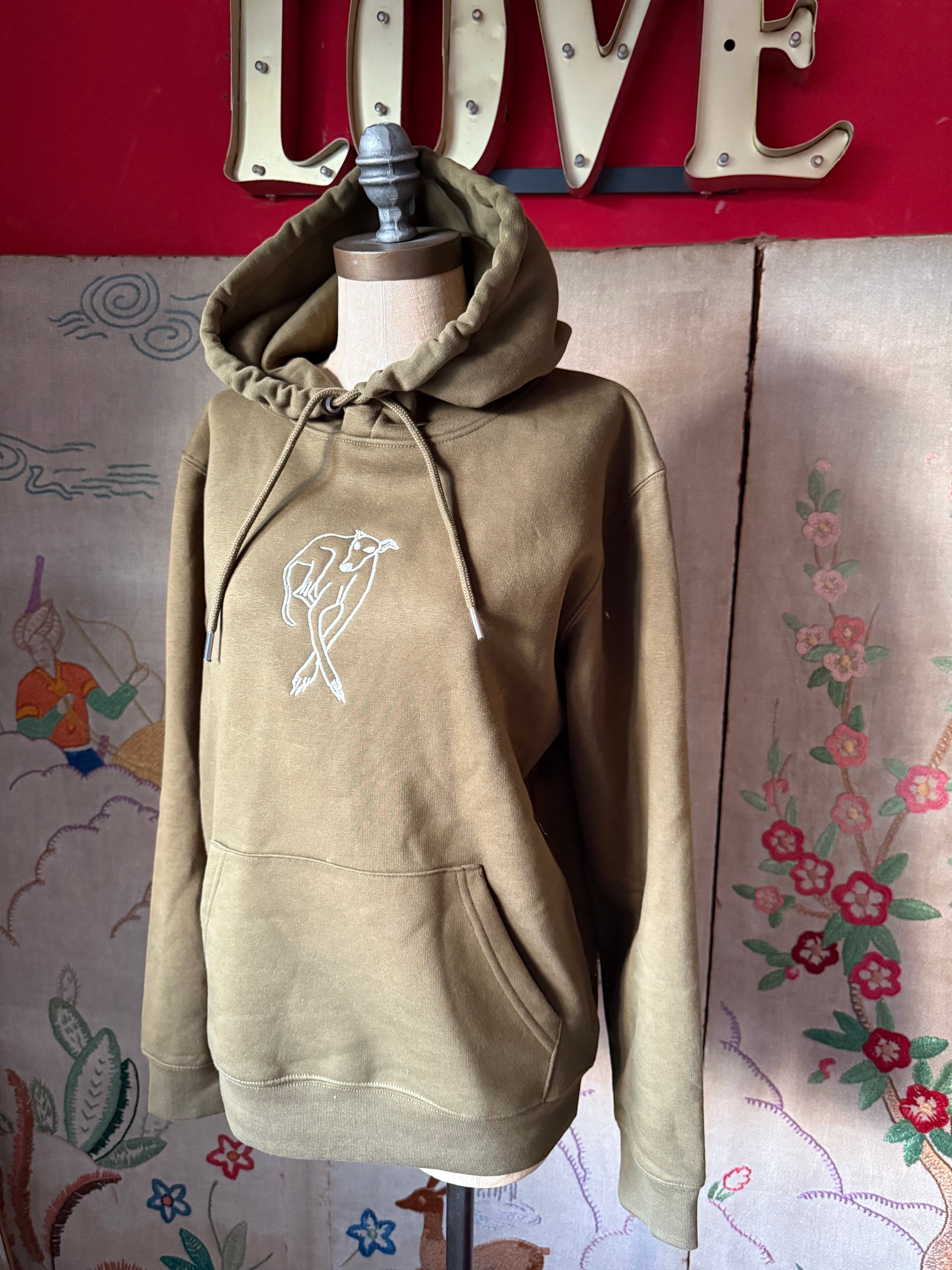 'Crossed Paws' White Embroidery on Khaki S Organic Hoodie