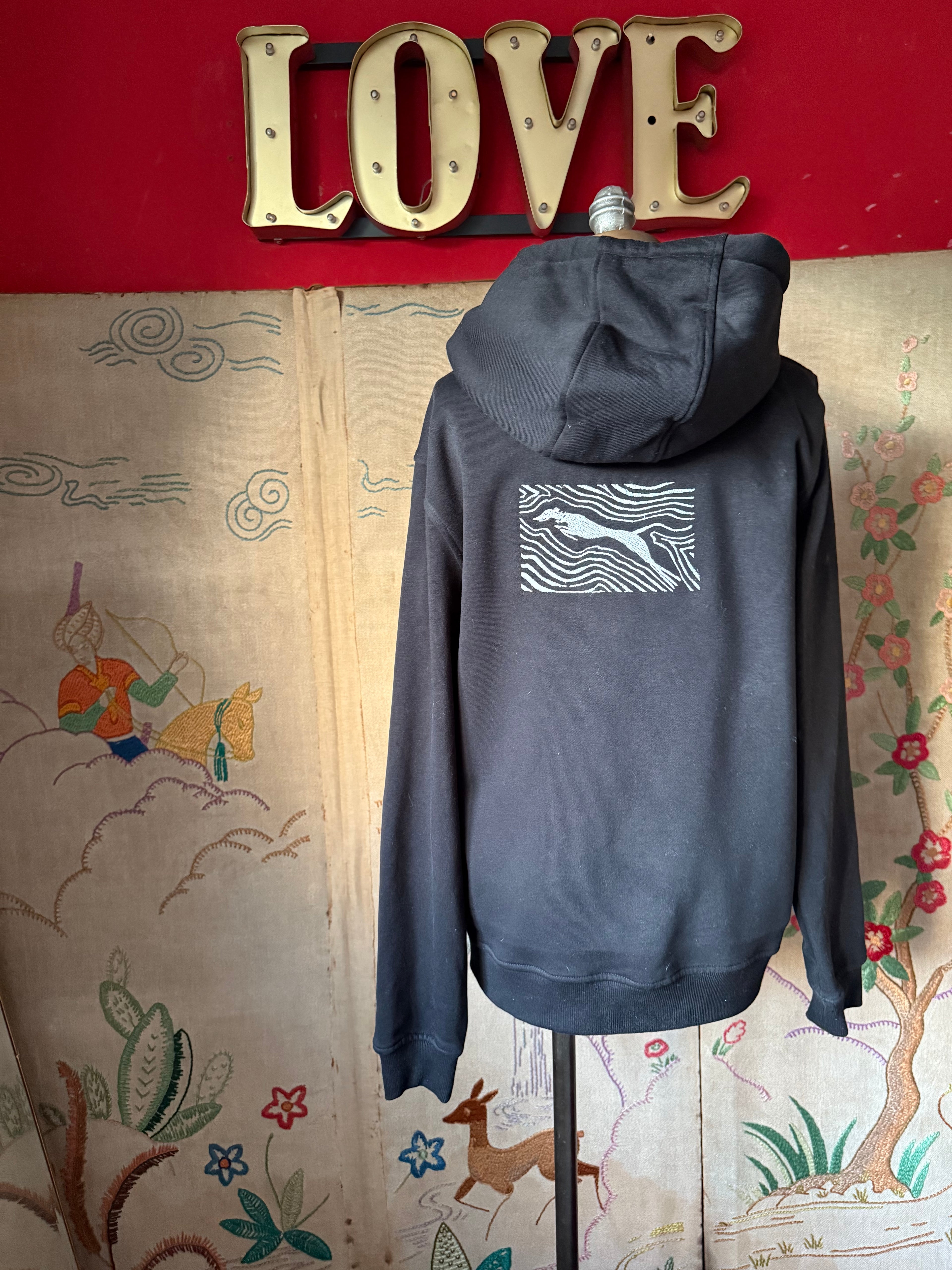 Leaping Hound Embroidered Black Hoodie S (Fits up to including a 12)