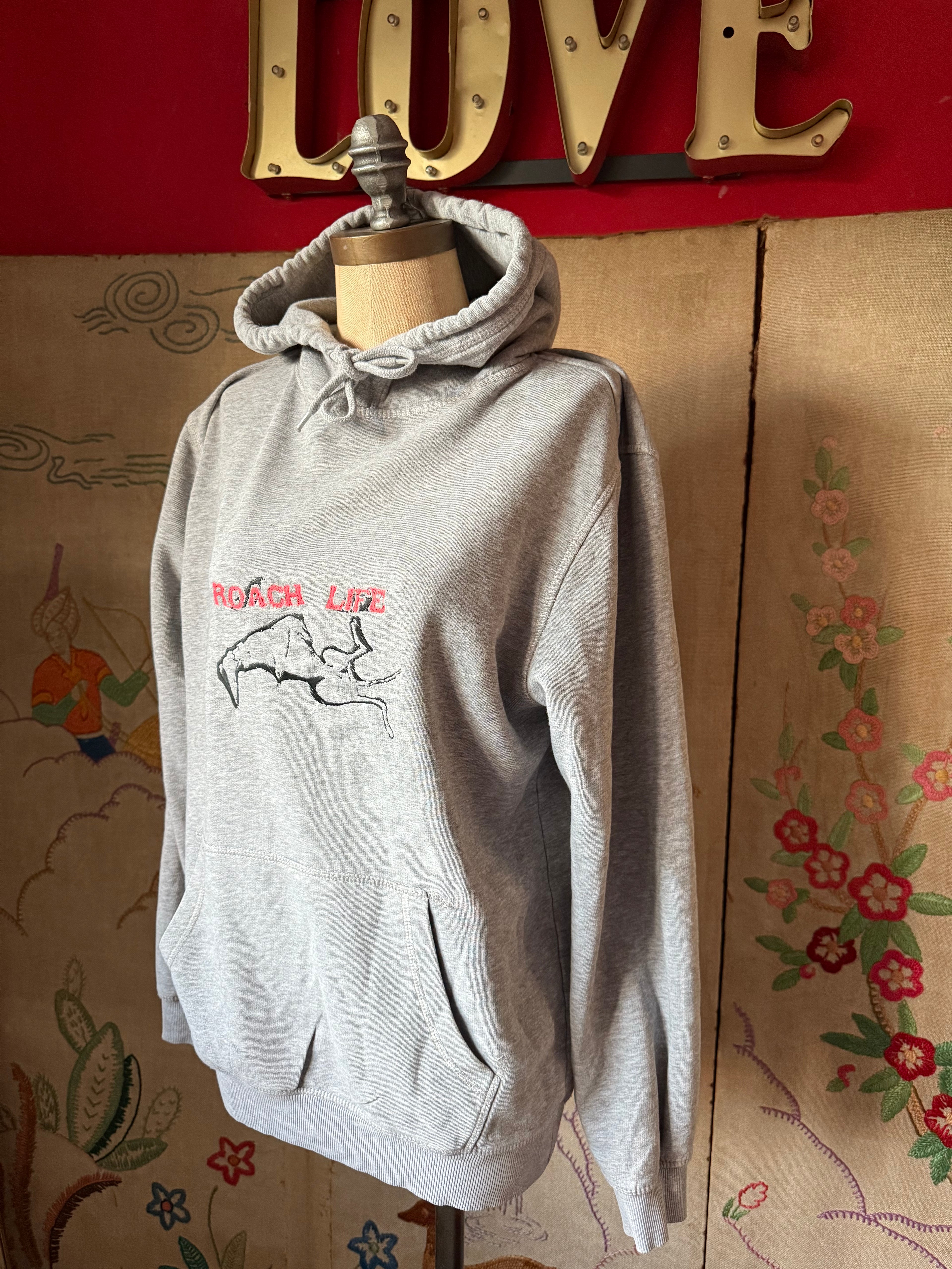 'Roach Life' Neon/Charcoal on M Grey Hoodie