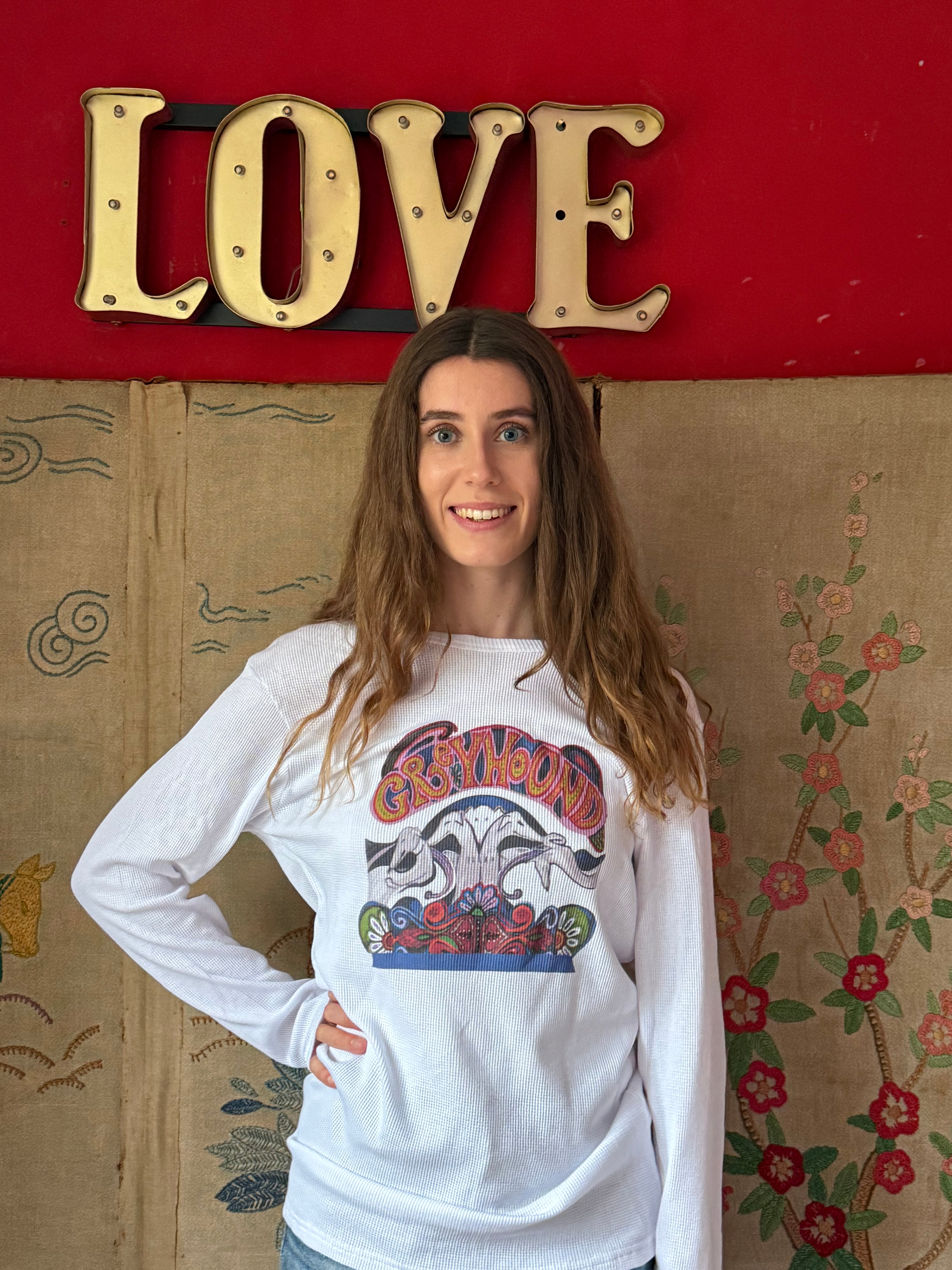 Thermal Waffle Long Sleeved Top L Greyhound Sixties Surfer Design